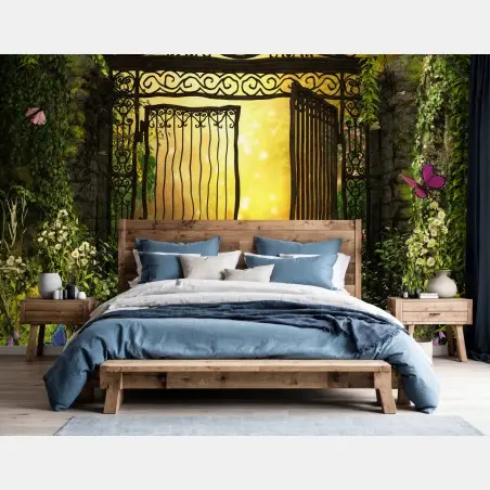 Papier peint portail du jardin secret baigné de lumière dorée – Wallnifity®