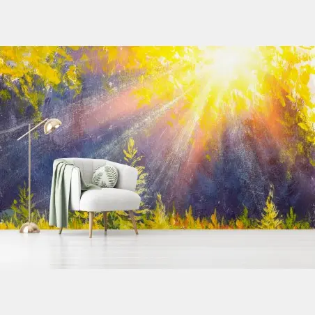 Papier peint forêt baignée de rayons dorés au coucher du soleil – Wallnifity®