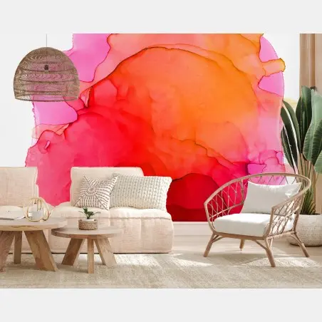 Papier peint abstraction encre et aquarelle rose et orange – Wallnifity®