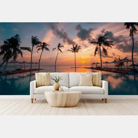 Papier peint coucher de soleil tropical au bord de la piscine – Wallnifity®