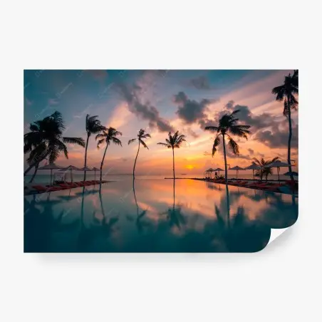 Papier peint coucher de soleil tropical au bord de la piscine – Wallnifity®