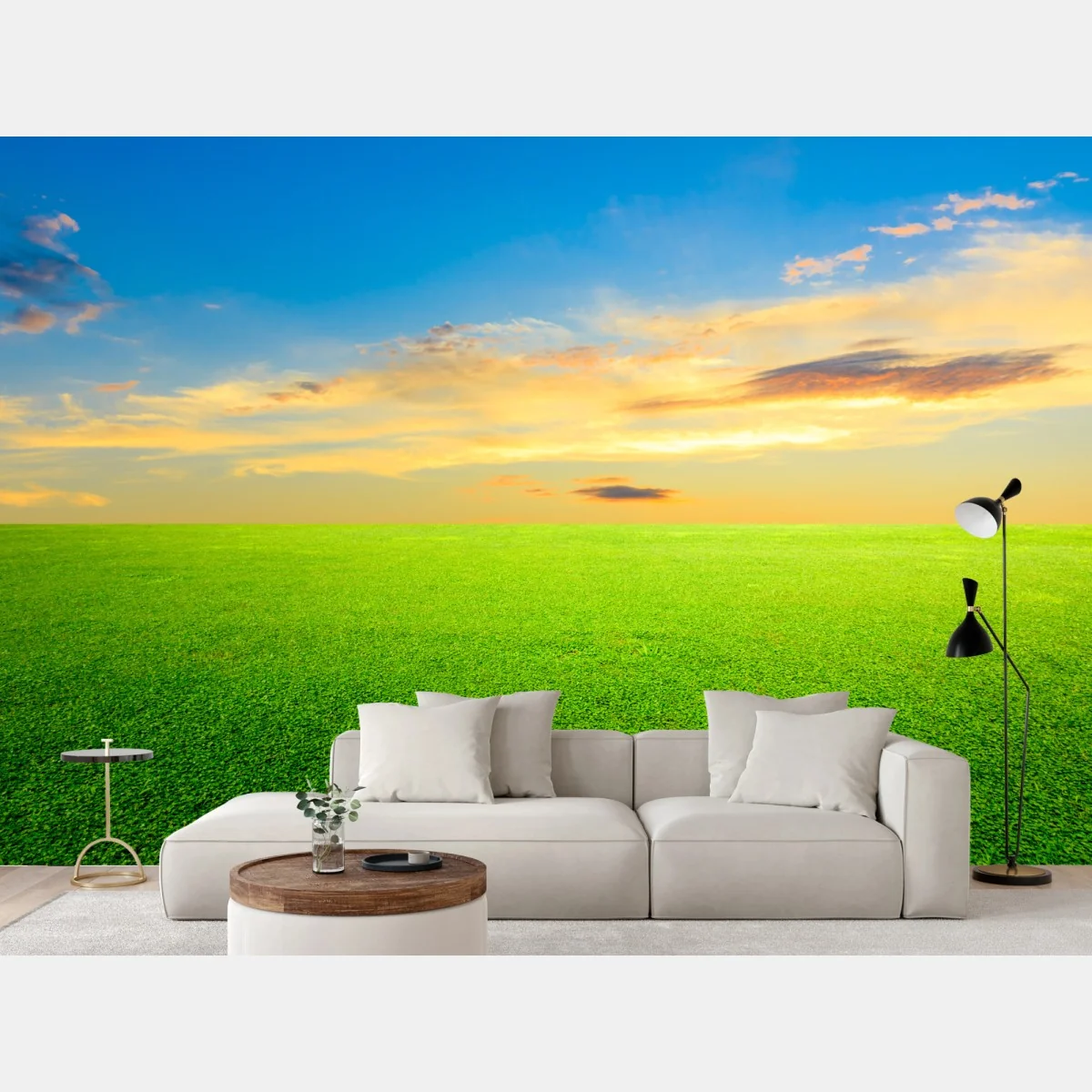 Papier peint prairie verte au coucher du soleil – Wallnifity® Papier peint prairie verte au coucher du soleil – Wallnifity®