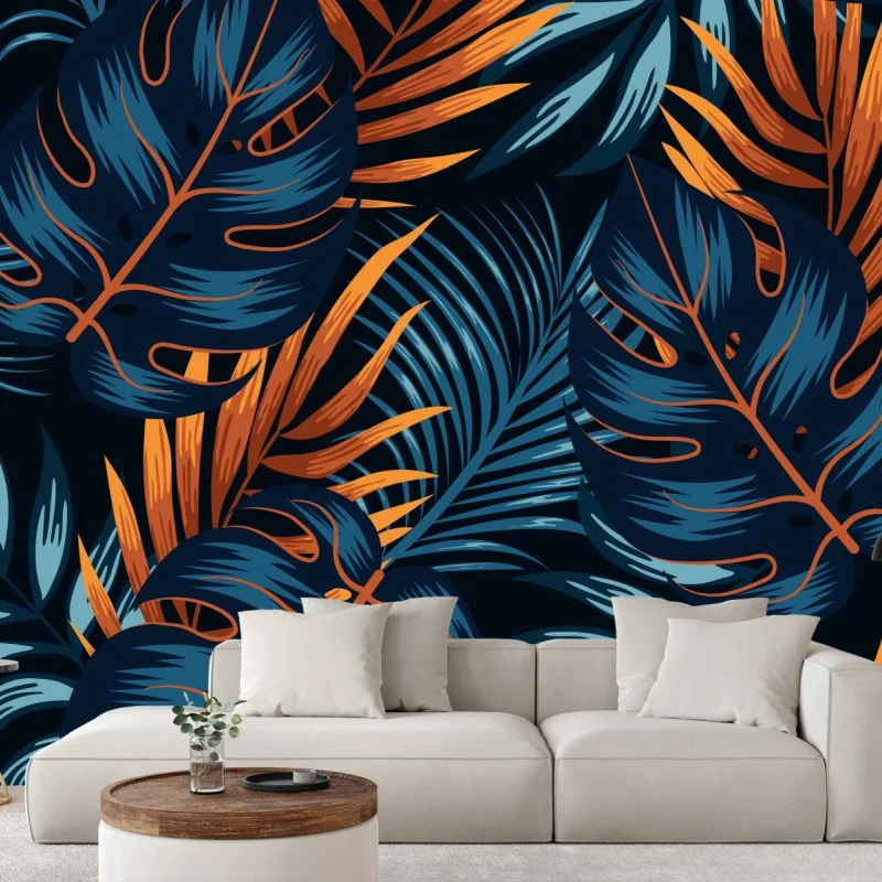 Papier peint motif tropical bleu nuit et orange cuivré – Wallnifity® Papier peint motif tropical bleu nuit et orange cuivré – Wallnifity®