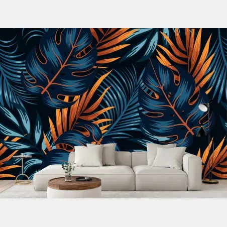 Papier peint motif tropical bleu nuit et orange cuivré – Wallnifity®
