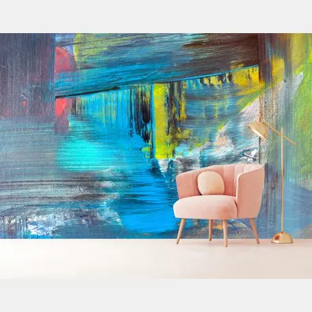 Papier peint composition abstraite bleu océan et éclat jaune – Wallnifity®