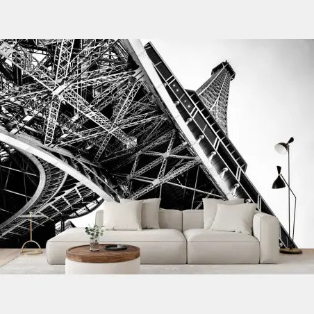 Papier peint détails architecturaux de la Tour Eiffel en noir et blanc – Wallnifity®