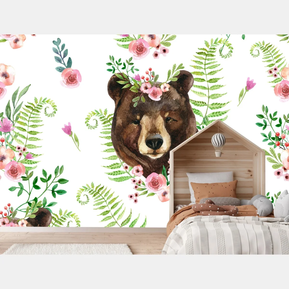 Papier peint portrait d'ours en aquarelle entouré de fleurs et de fougères – Wallnifity® Papier peint portrait d'ours en aquarelle entouré de fleurs et de fougères – Wallnifity®