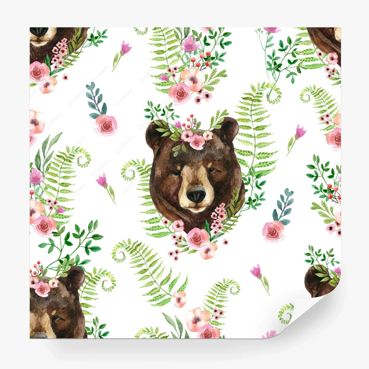 Papier peint portrait d'ours en aquarelle entouré de fleurs et de fougères – Wallnifity® Papier peint portrait d'ours en aquarelle entouré de fleurs et de fougères – Wallnifity®
