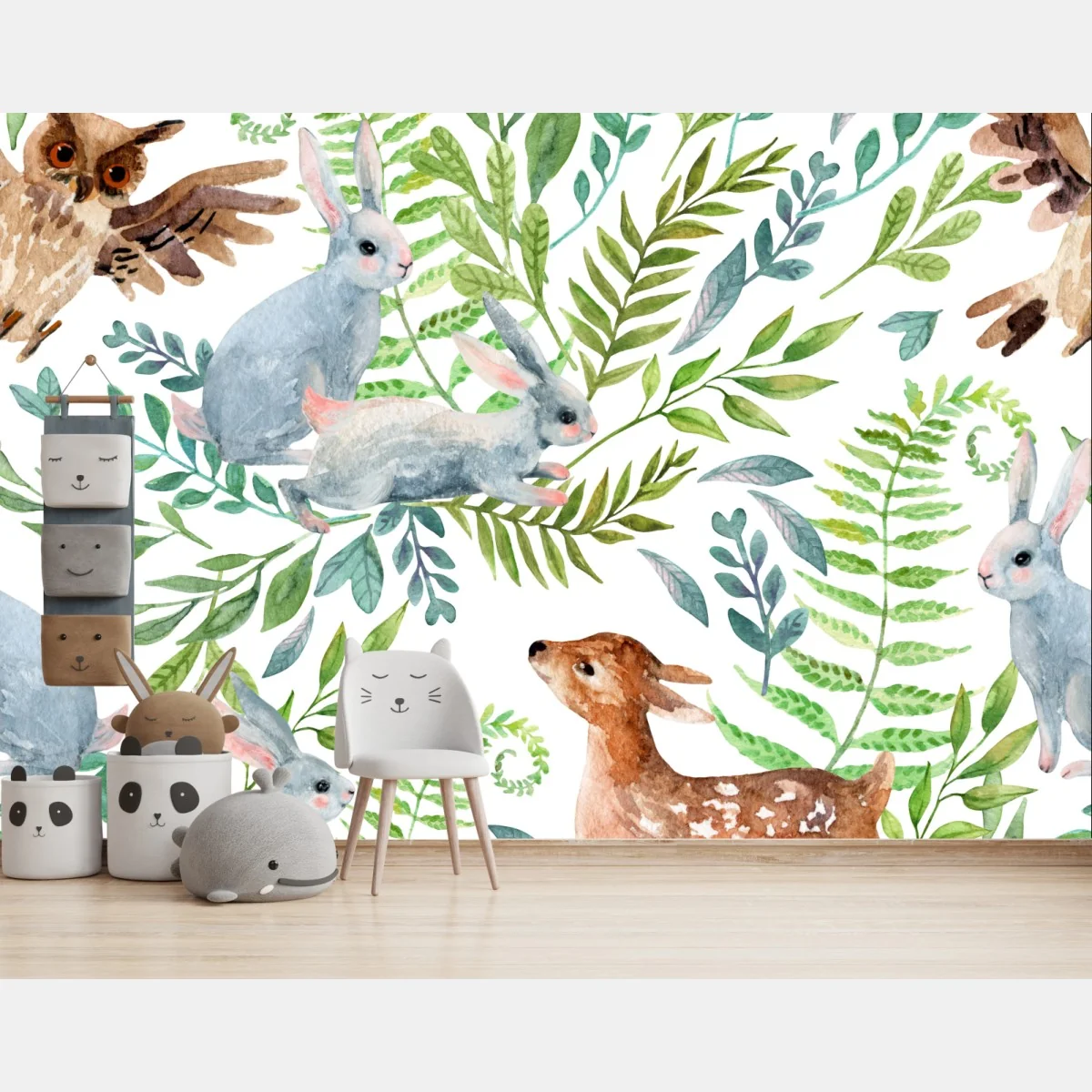 Papier peint motif forêt enchantée aux lapins et faons en aquarelle – Wallnifity® Papier peint motif forêt enchantée aux lapins et faons en aquarelle – Wallnifity®