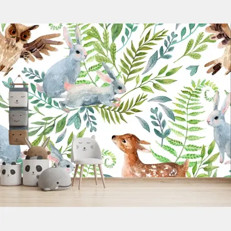 Papier peint motif forêt enchantée aux lapins et faons en aquarelle – Wallnifity®