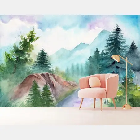 Papier peint paysage montagnard à l'aquarelle – Wallnifity®
