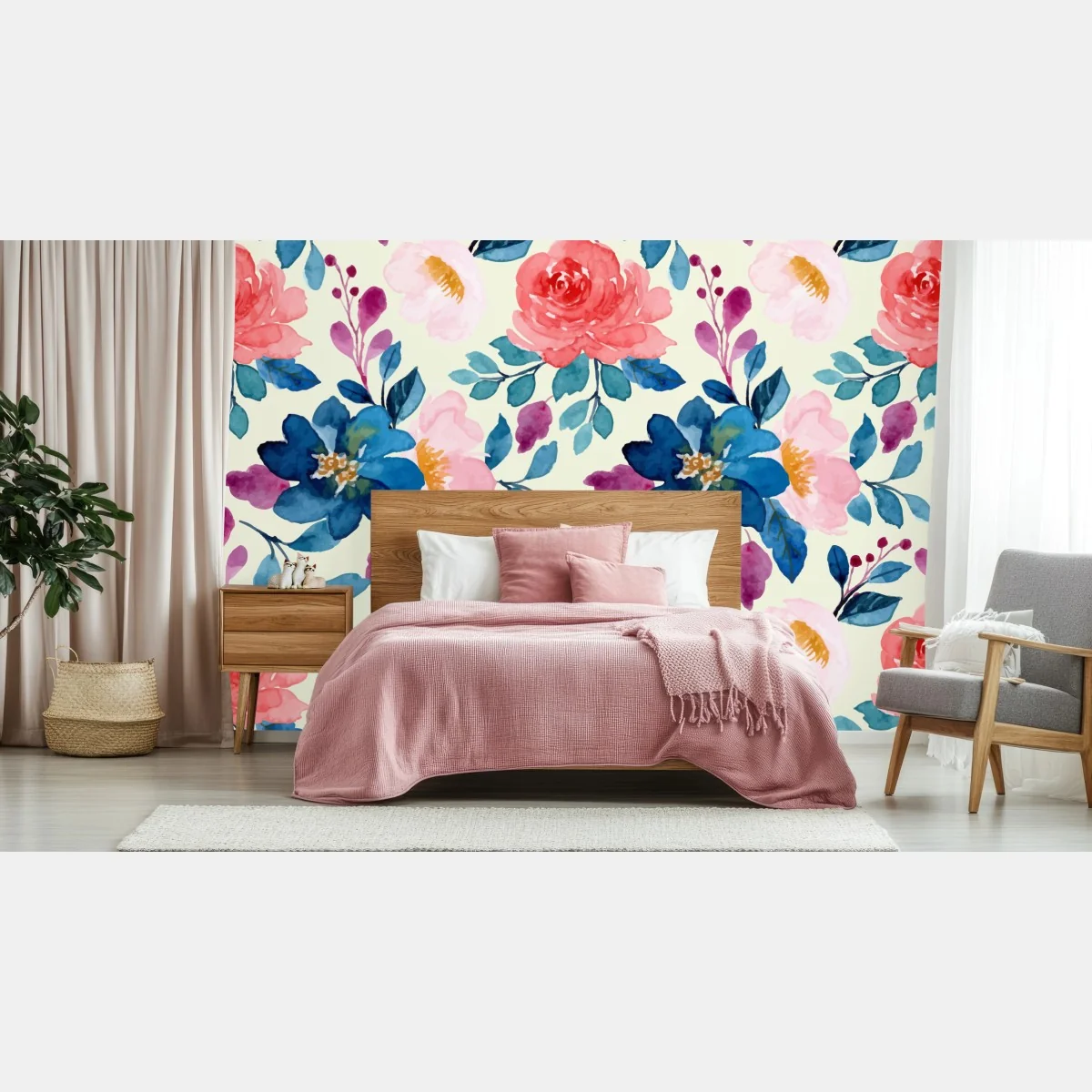 Papier peint motif floral aquarelle corail et bleu – Wallnifity® Papier peint motif floral aquarelle corail et bleu – Wallnifity®