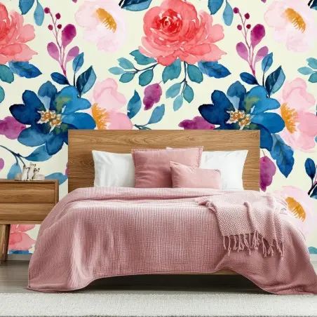 Papier peint motif floral aquarelle corail et bleu – Wallnifity®