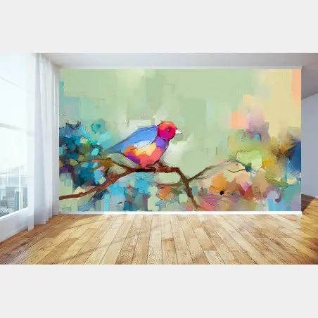 Papier peint oiseau printanier coloré sur toile abstraite – Wallnifity®