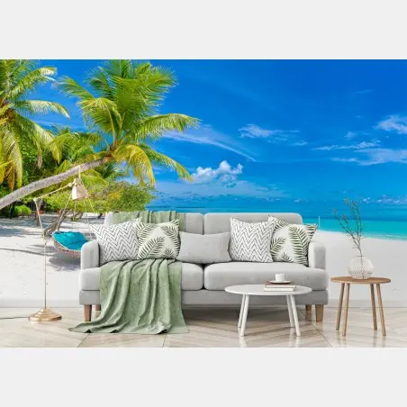 Papier peint hamac sous les palmiers sur plage tropicale – Wallnifity®