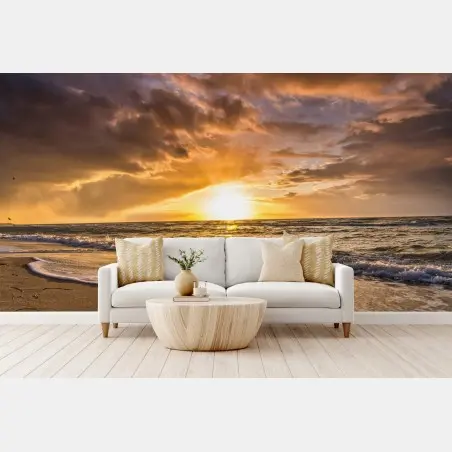 Papier peint coucher de soleil doré sur la plage – Wallnifity®