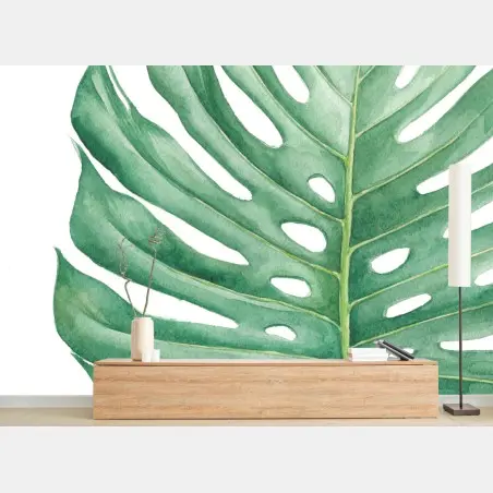 Papier peint feuille de monstera en aquarelle, motif tropical élégant – Wallnifity®