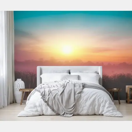 Papier peint lever de soleil mystique sur le lac brumeux – Wallnifity®