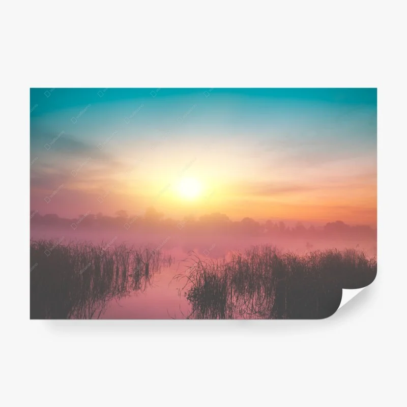 Papier peint lever de soleil mystique sur le lac brumeux – Wallnifity®