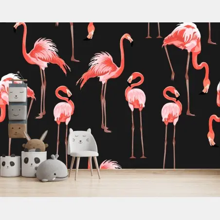 Papier peint motif de flamants roses sur fond noir – Wallnifity®