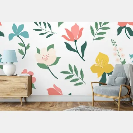 Papier peint motif floral printanier aux couleurs pastel – Wallnifity®