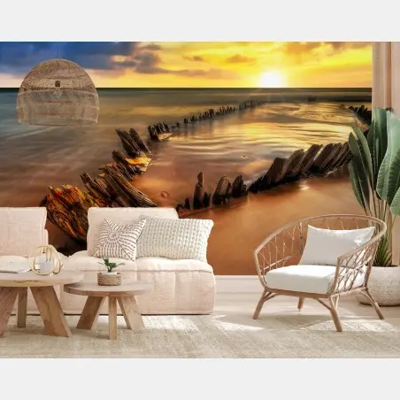 Papier peint épave au coucher du soleil sur la plage de Rossbeigh, Irlande – Wallnifity®