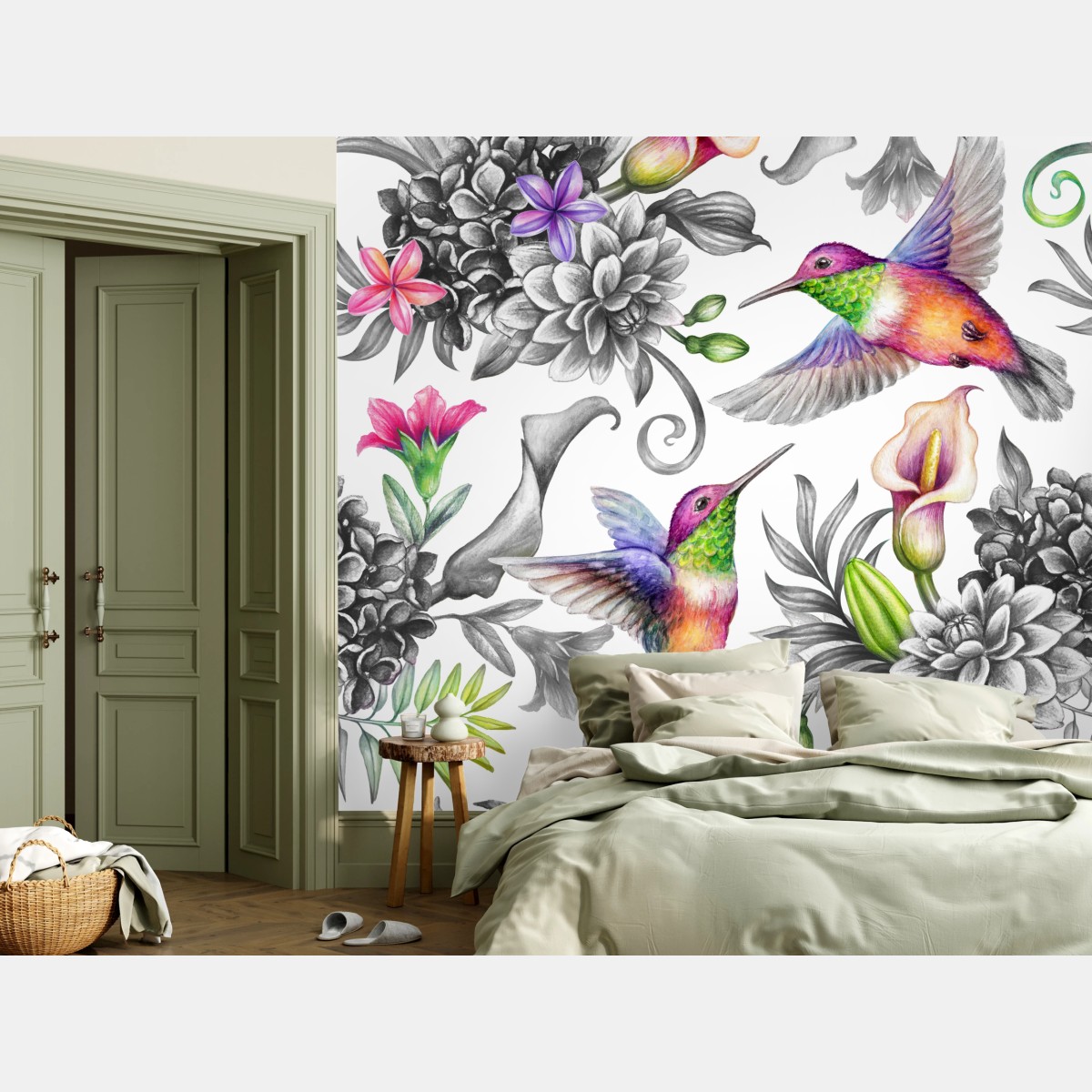 Papier peint jardin paradisiaque de colibris et fleurs tropicales – Wallnifity®