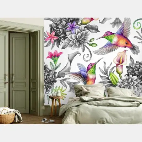 Papier peint jardin paradisiaque de colibris et fleurs tropicales – Wallnifity®