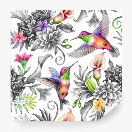 Papier peint jardin paradisiaque de colibris et fleurs tropicales – Wallnifity®
