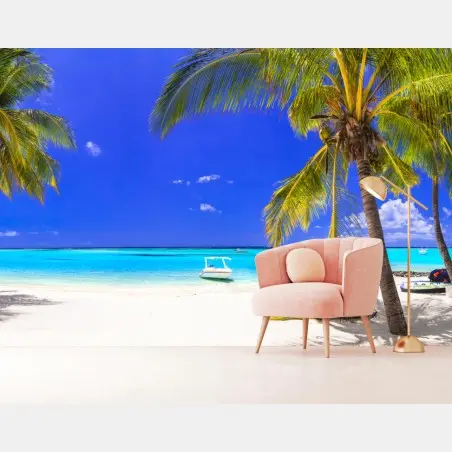 Papier peint plage tropicale aux palmiers et eau turquoise – Wallnifity®