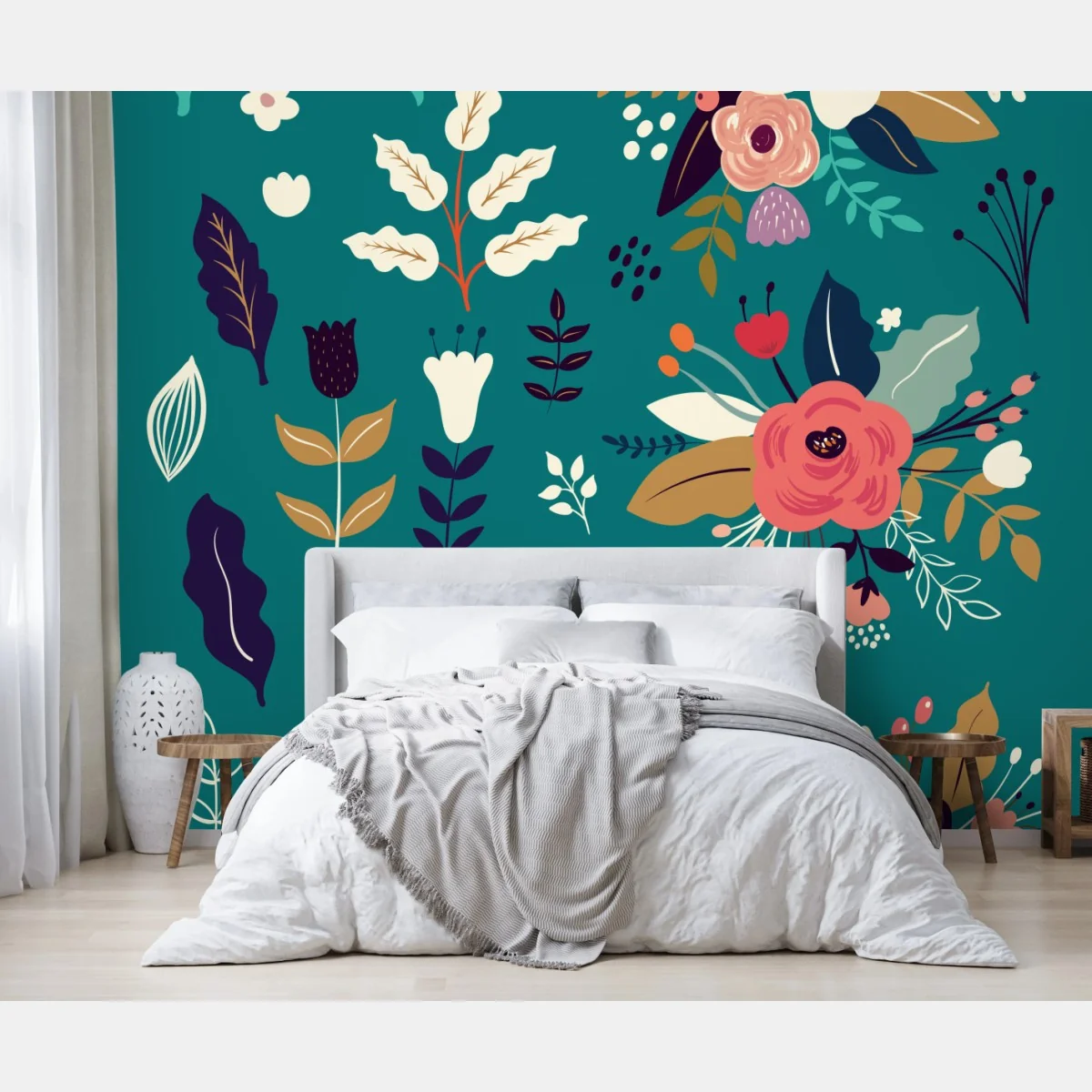Papier peint jardin floral bohème sur fond turquoise – Wallnifity® Papier peint jardin floral bohème sur fond turquoise – Wallnifity®