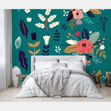 Papier peint jardin floral bohème sur fond turquoise – Wallnifity®