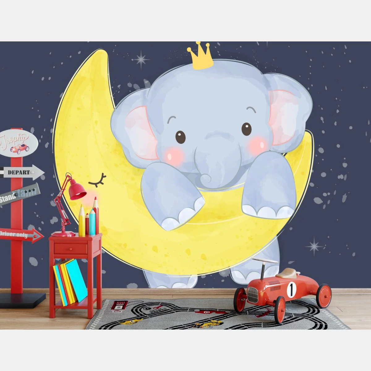 Papier peint éléphant couronné sur la lune, déco enfantine – Wallnifity® Papier peint éléphant couronné sur la lune, déco enfantine – Wallnifity®