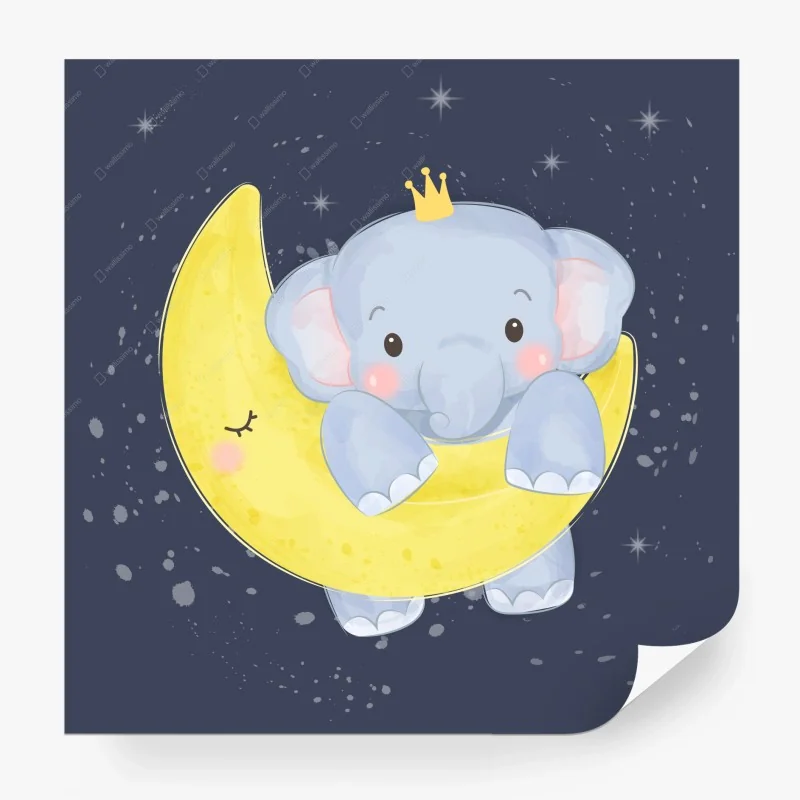Papier peint éléphant couronné sur la lune, déco enfantine – Wallnifity® Papier peint éléphant couronné sur la lune, déco enfantine – Wallnifity®