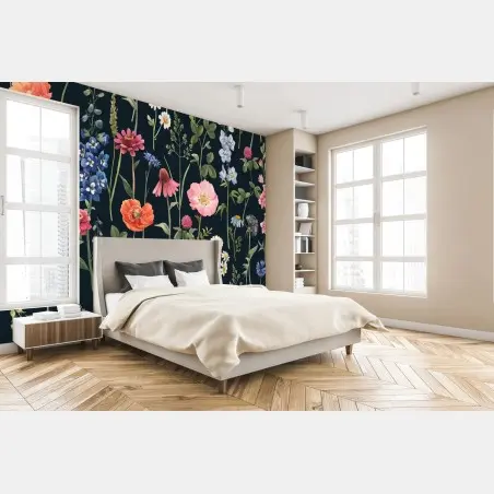 Papier peint jardin floral aquarelle sur fond sombre – Wallnifity®