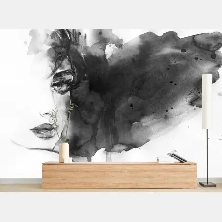 Papier peint visage féminin en aquarelle et encre – Wallnifity®