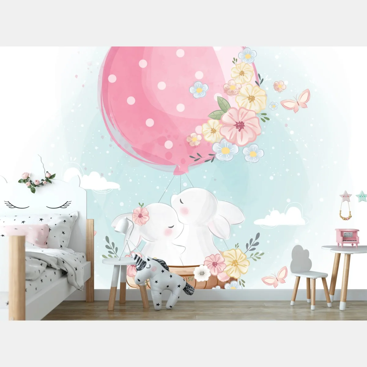 Papier peint rêve de lapins en montgolfière fleurie – Wallnifity® Papier peint rêve de lapins en montgolfière fleurie – Wallnifity®