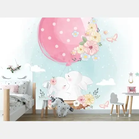 Papier peint rêve de lapins en montgolfière fleurie – Wallnifity®