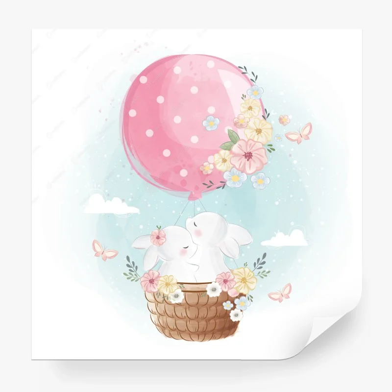 Papier peint rêve de lapins en montgolfière fleurie – Wallnifity® Papier peint rêve de lapins en montgolfière fleurie – Wallnifity®