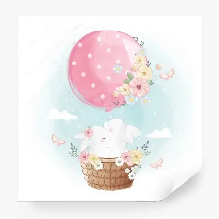 Papier peint rêve de lapins en montgolfière fleurie – Wallnifity®