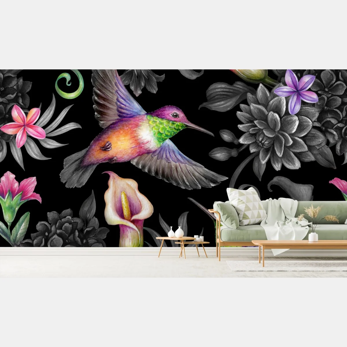 Papier peint aquarelle botanique: colibris dans un jardin paradisiaque – Wallnifity® Papier peint aquarelle botanique: colibris dans un jardin paradisiaque – Wallnifity®