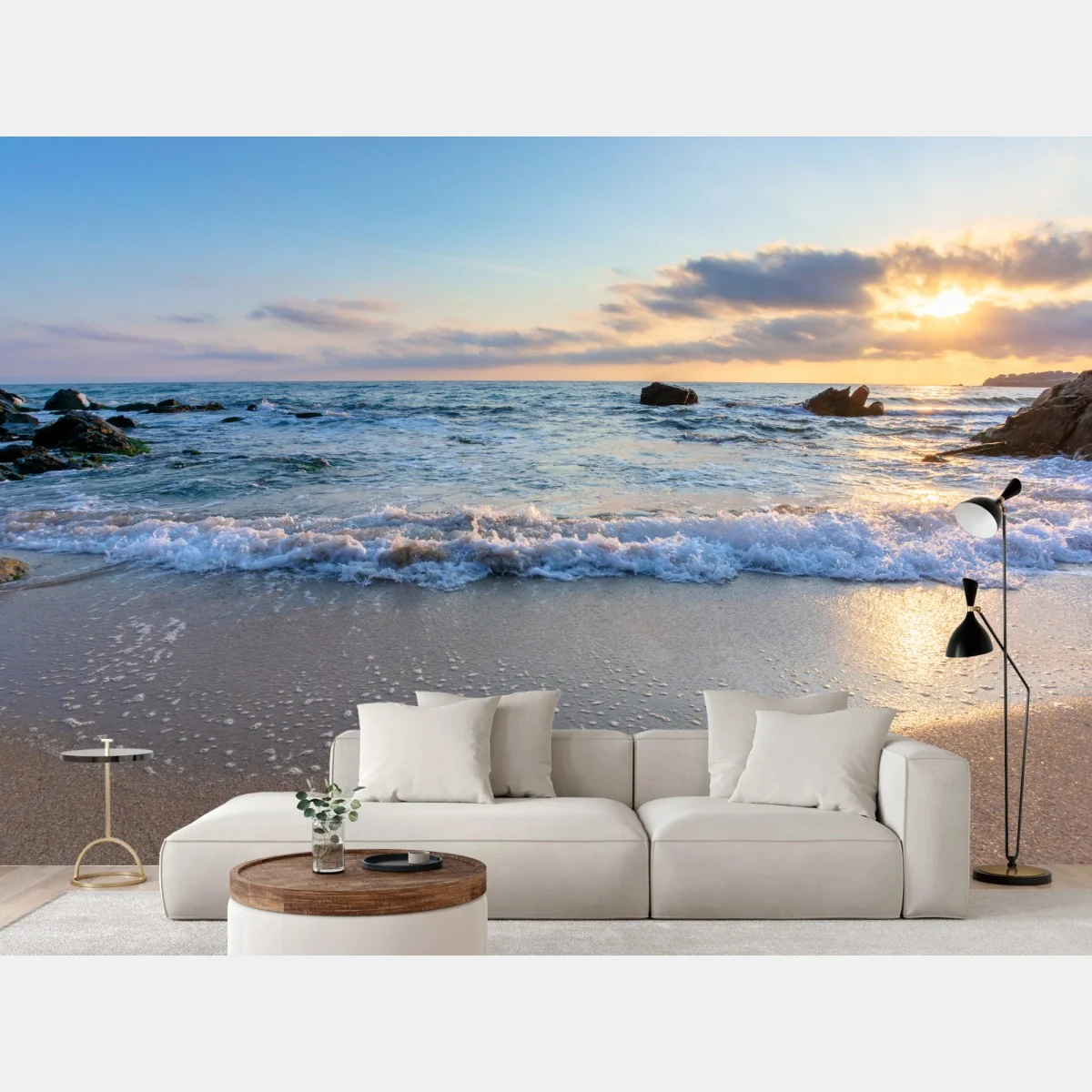 Papier peint lever de soleil sur la plage rocheuse – Wallnifity® Papier peint lever de soleil sur la plage rocheuse – Wallnifity®