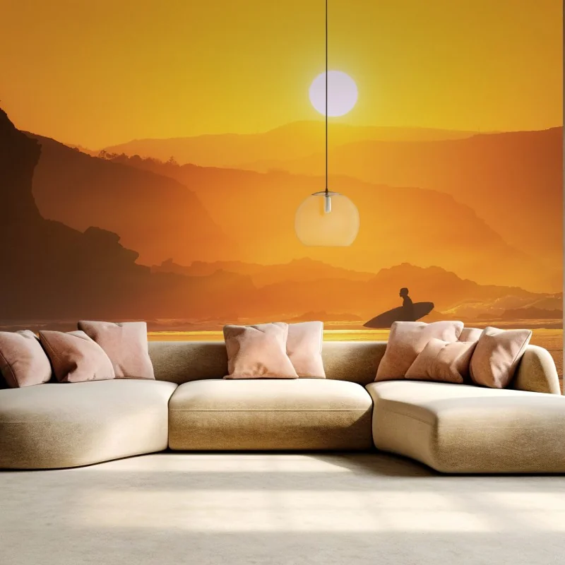 Papier peint surfeur au coucher de soleil doré – Wallnifity® Papier peint surfeur au coucher de soleil doré – Wallnifity®