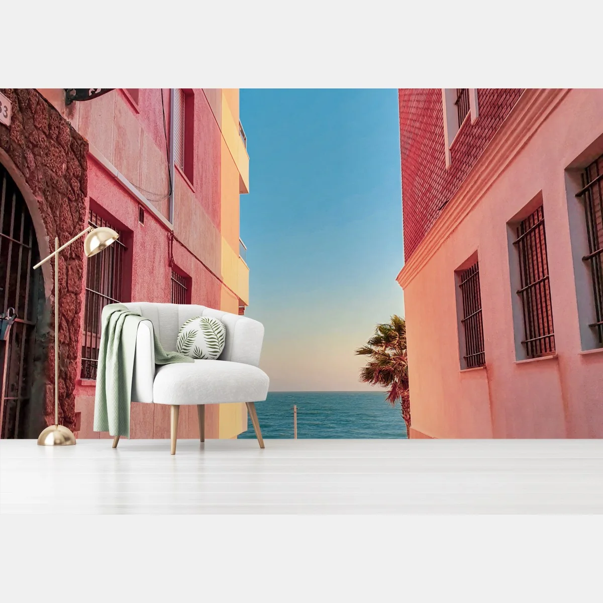 Papier peint ruelle en bord de mer aux teintes pastel – Wallnifity® Papier peint ruelle en bord de mer aux teintes pastel – Wallnifity®