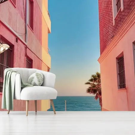Papier peint ruelle en bord de mer aux teintes pastel – Wallnifity®