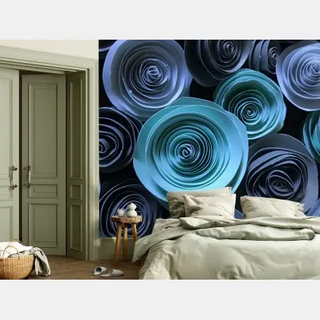 Papier peint roses en papier bleu et vert, motif décoratif – Wallnifity®