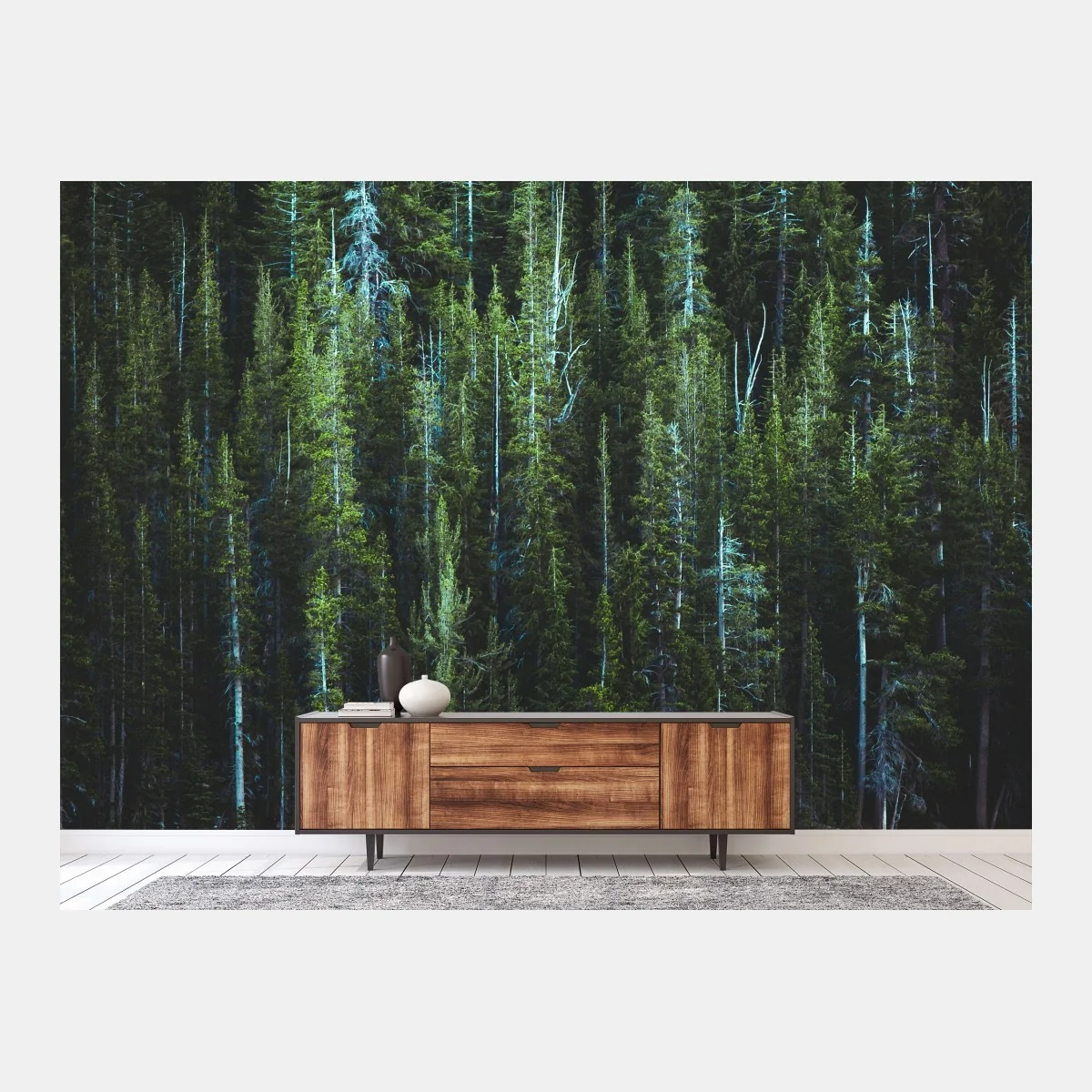 Papier peint forêt de conifères au bord d'un lac turquoise – Wallnifity® Papier peint forêt de conifères au bord d'un lac turquoise – Wallnifity®