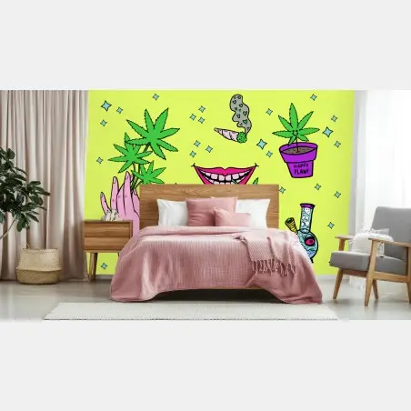 Papier peint illustration pop et psychédélique de feuilles de cannabis – Wallnifity®