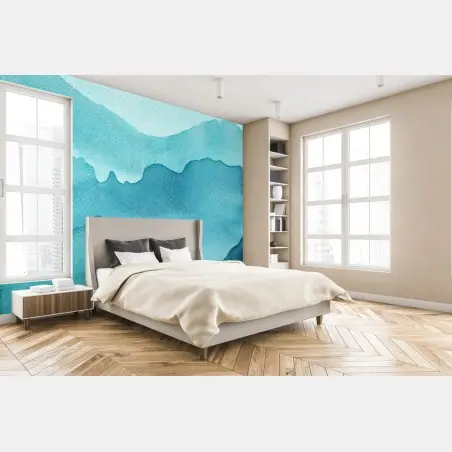 Papier peint paysage de montagnes aquarelle en tons turquoise – Wallnifity®