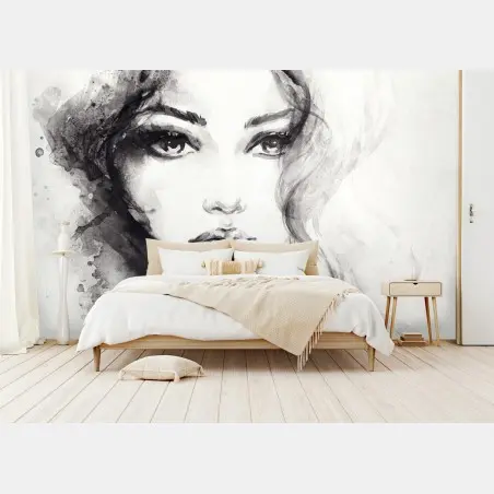 Papier peint portrait aquarelle féminin en noir et blanc – Wallnifity®